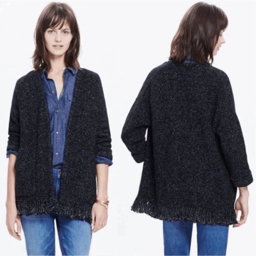 Madewell Marled Black White Fringe Open Front Cotton Cardigan Sweater E8151 M